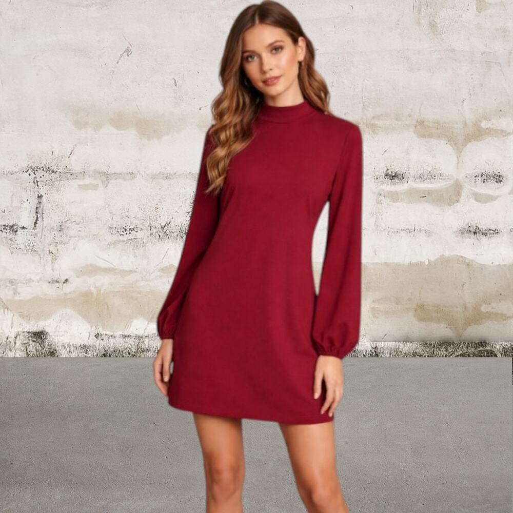 Eliza J $138 Women's Wine Mock Neck Long Sleeve Dress Size 6 NWT